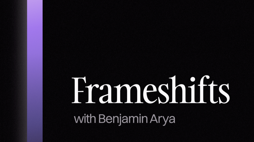Title slide for a presentation labeled "Frameshifts with Benjamin Arya" with a black background and purple vertical stripe on the left.