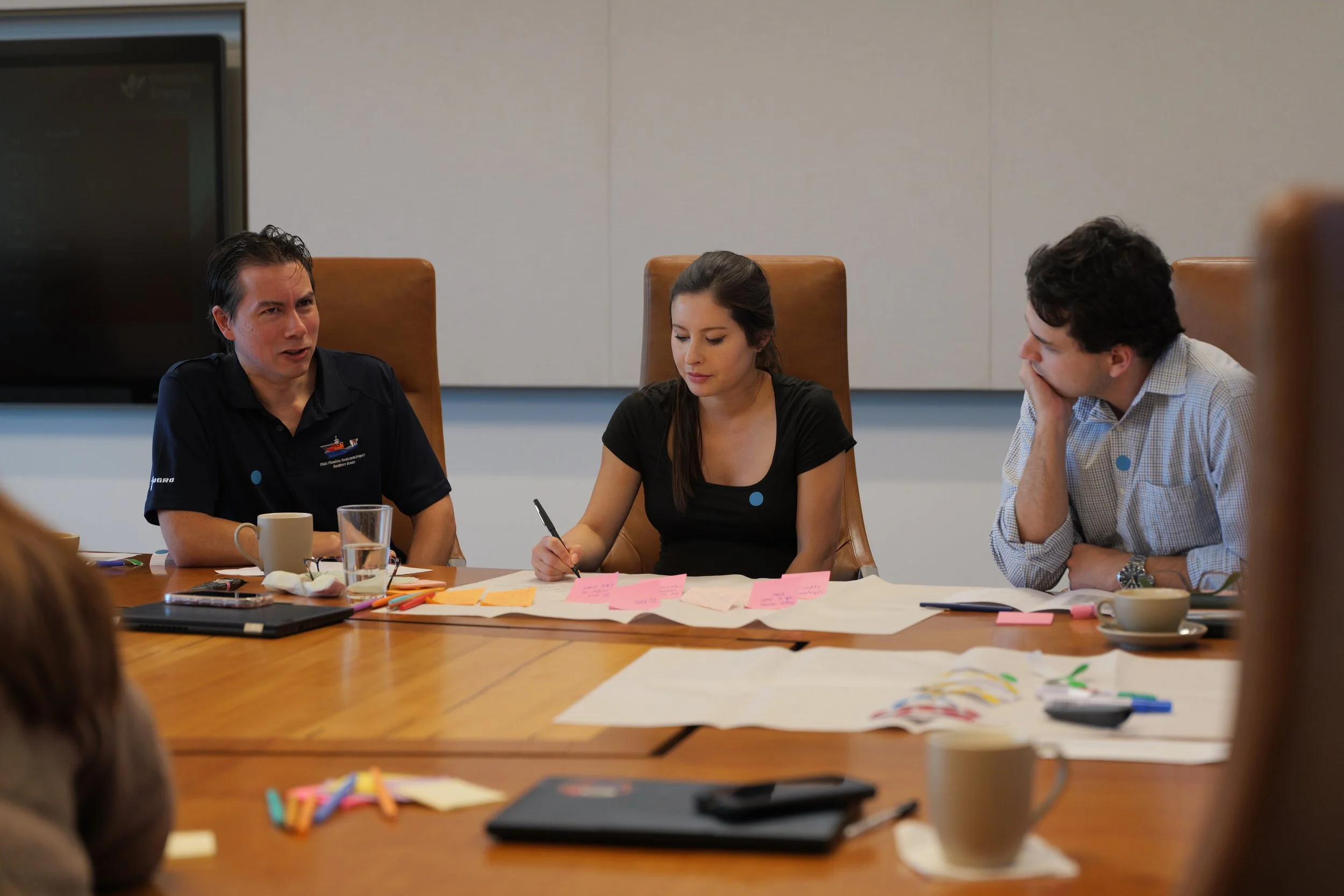 People sitting around a table during a meeting, with papers, sticky notes, and notebooks in a conference room.