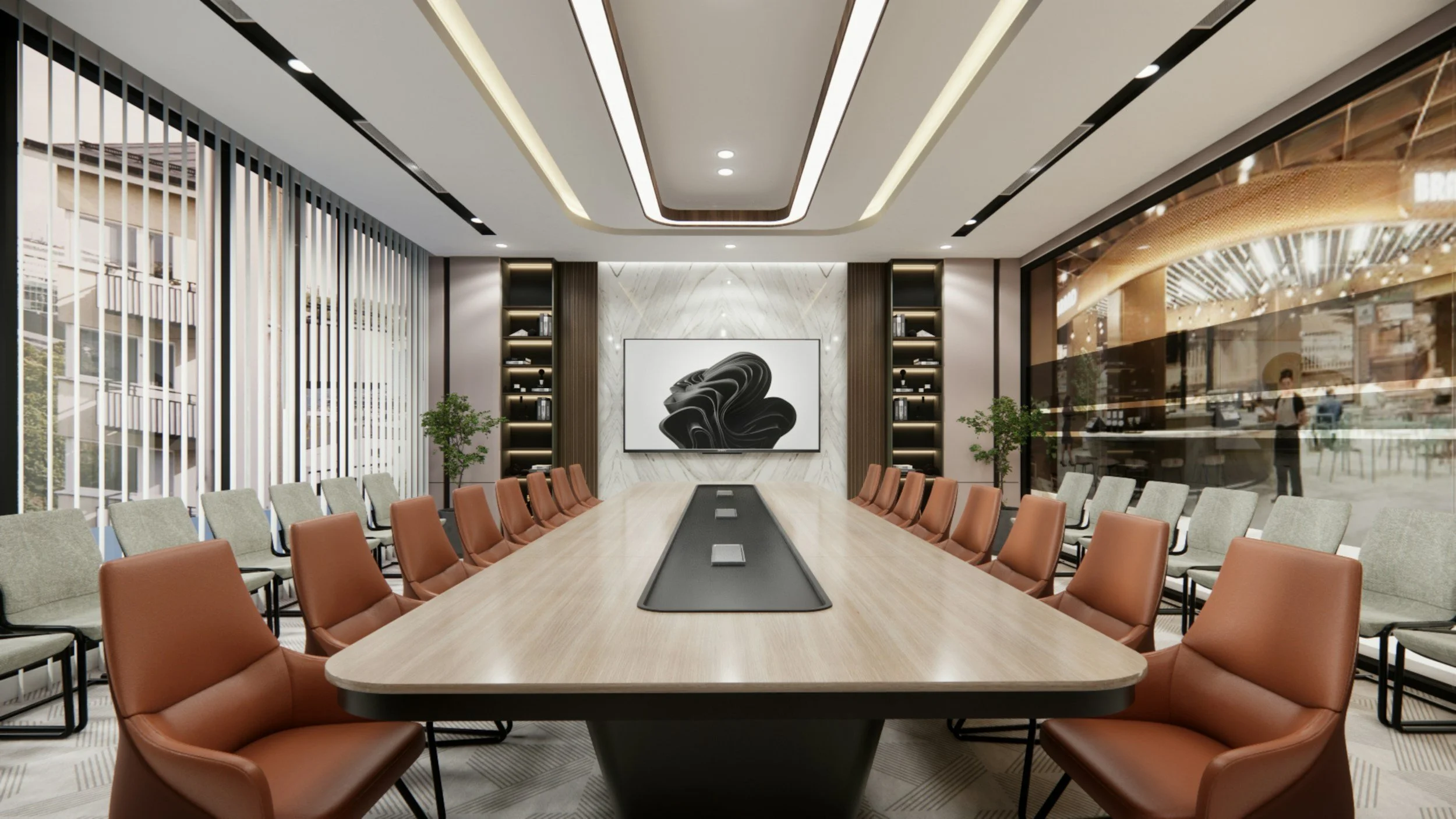 Modern conference room with a large oval table surrounded by leather chairs, a large abstract black and white art piece on the marble wall, built-in bookshelves, and large windows with city view.