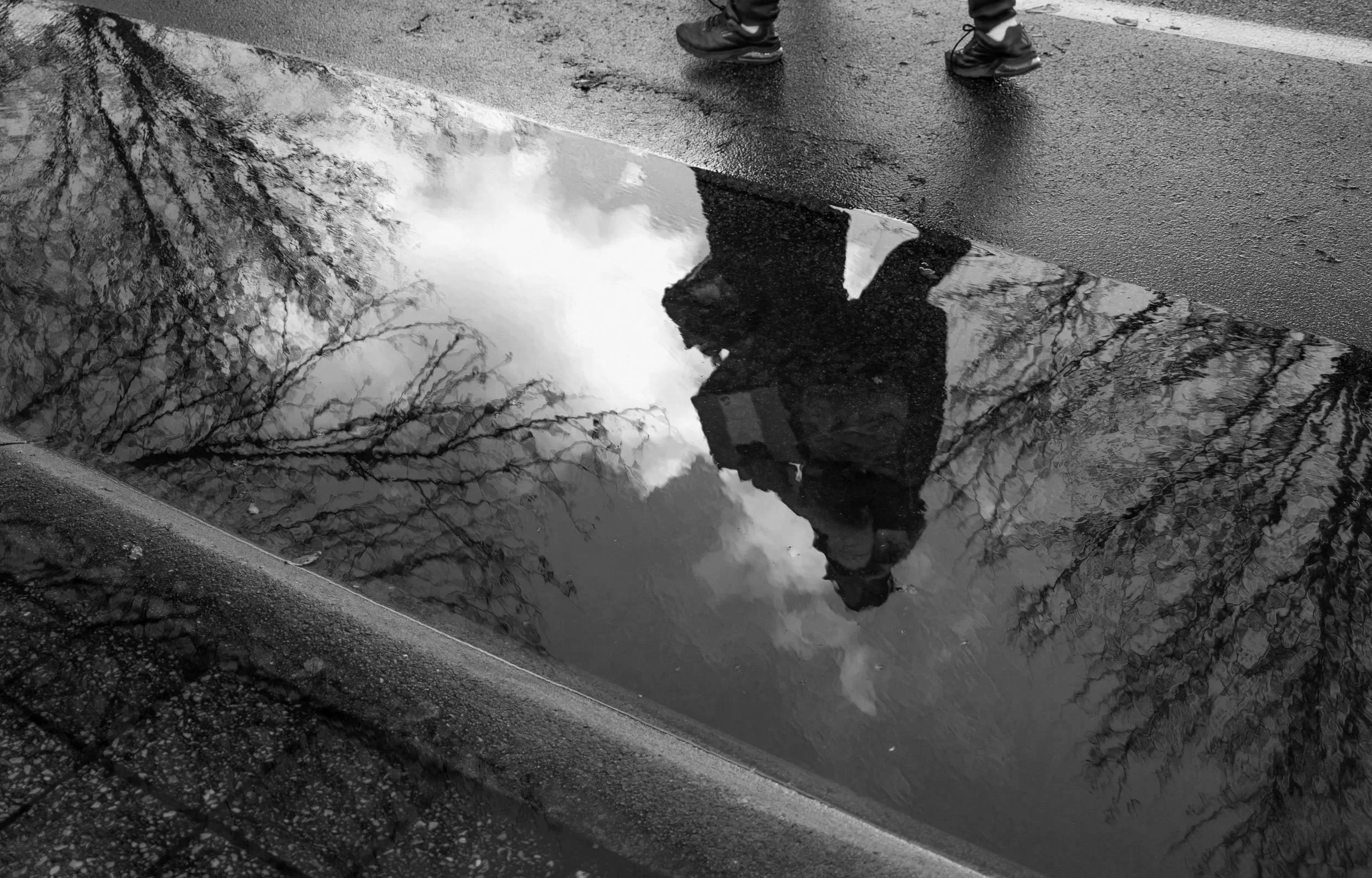 Reflection of cloudy sky and leafless tree branches in a large puddle on the pavement, with a person wearing blue shoes walking by.