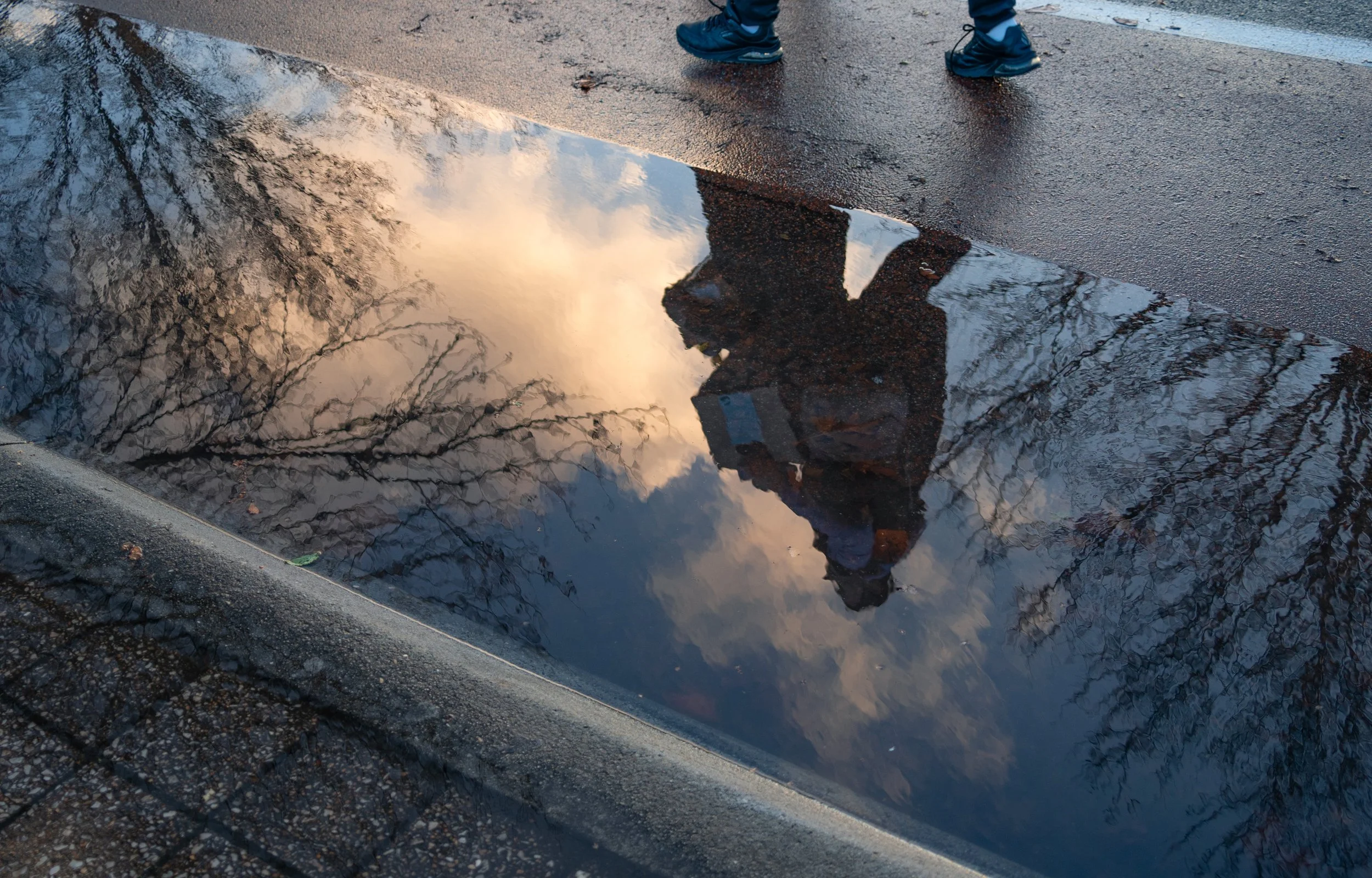 Reflection of cloudy sky and leafless tree branches in a large puddle on the pavement, with a person wearing blue shoes walking by.