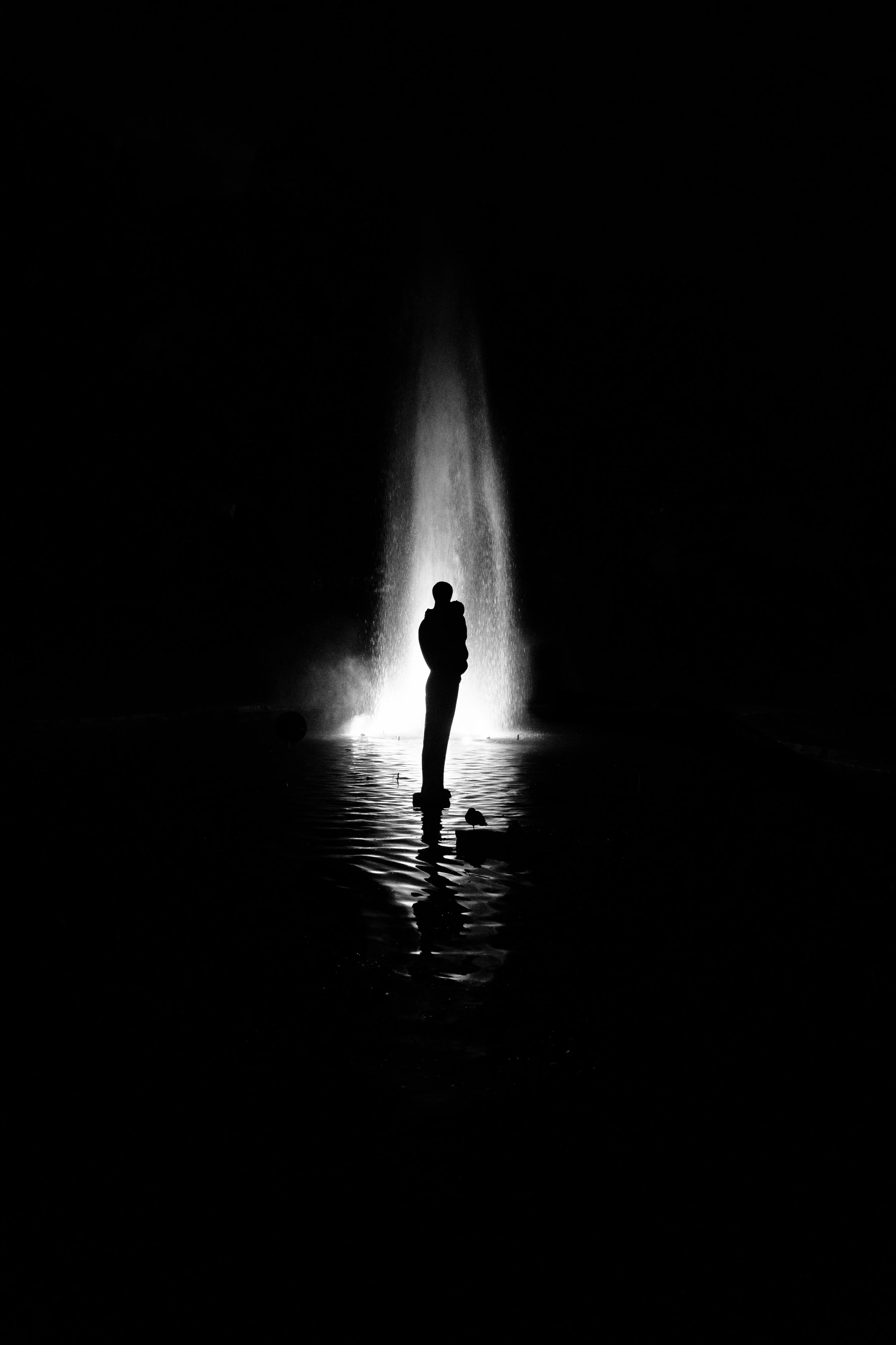 Silhouette of a person standing in front of a lit fountain at night, with water reflecting on the ground
