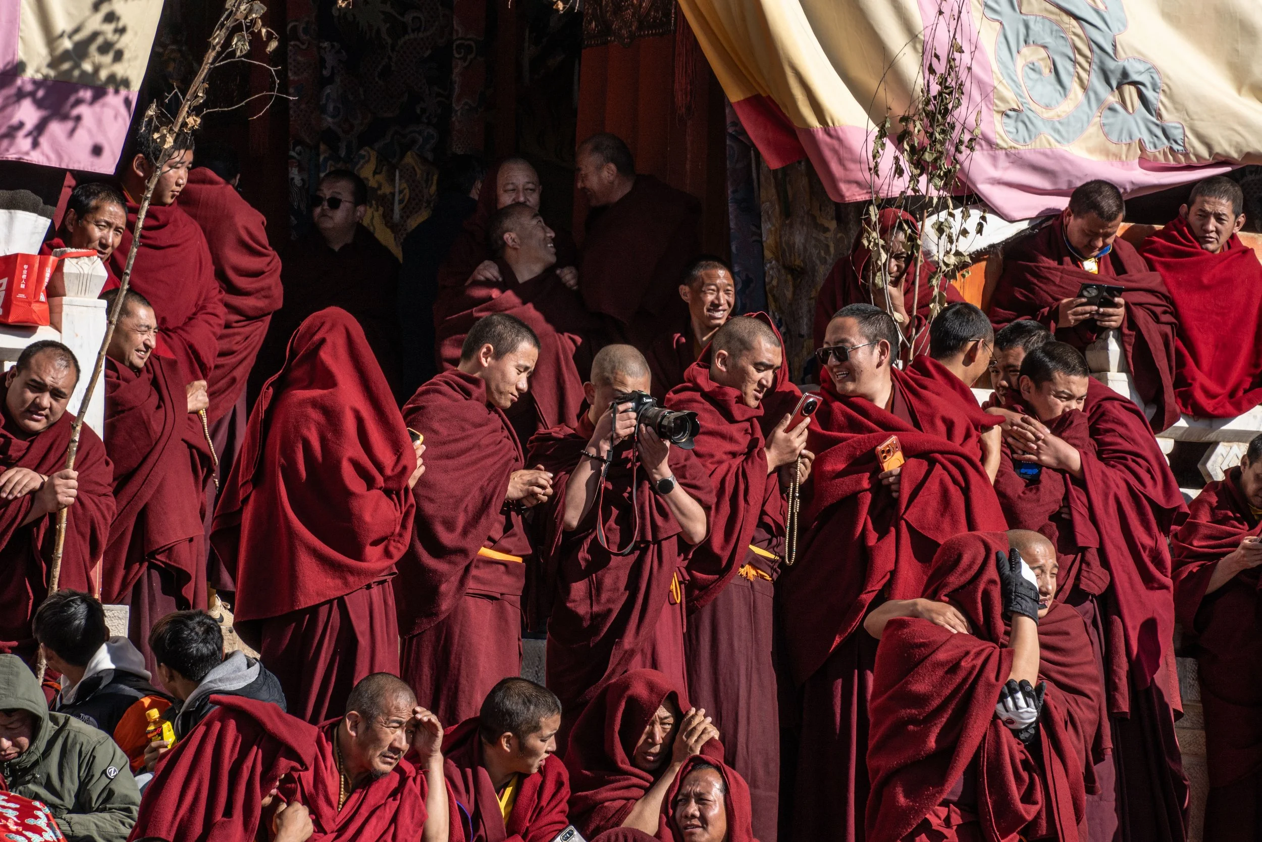Group of Tibetan Buddhist monks, dressed in maroon robes, gathered on temple steps, some taking photos or looking at their phones, others talking or sitting, with a large embroidered canopy overhead.