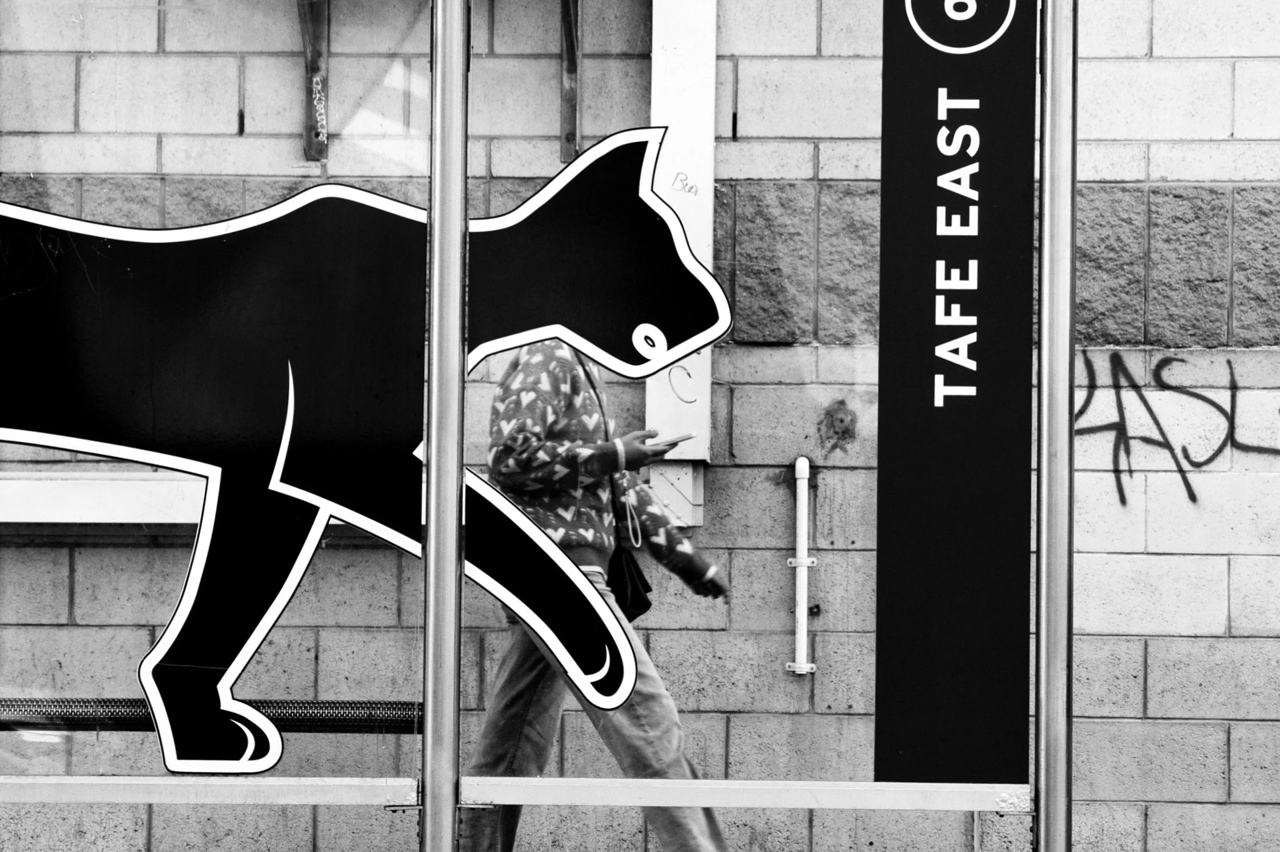 A person walking past a large black and white lion graphic on a wall, with a sign that reads "TAFE EAST" to the right.