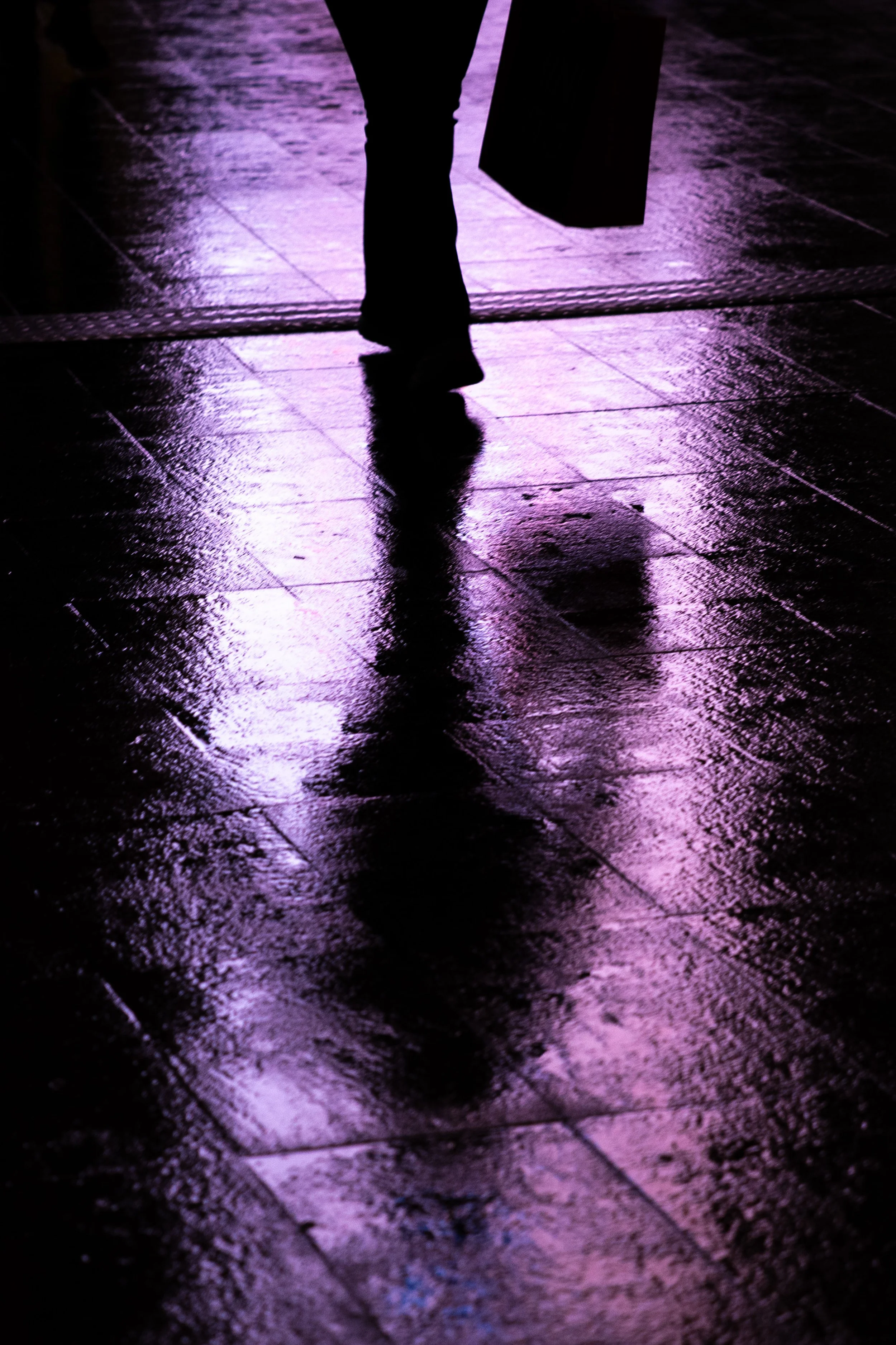 Silhouette of a person walking on wet pavement at night, with purple reflections on the ground.