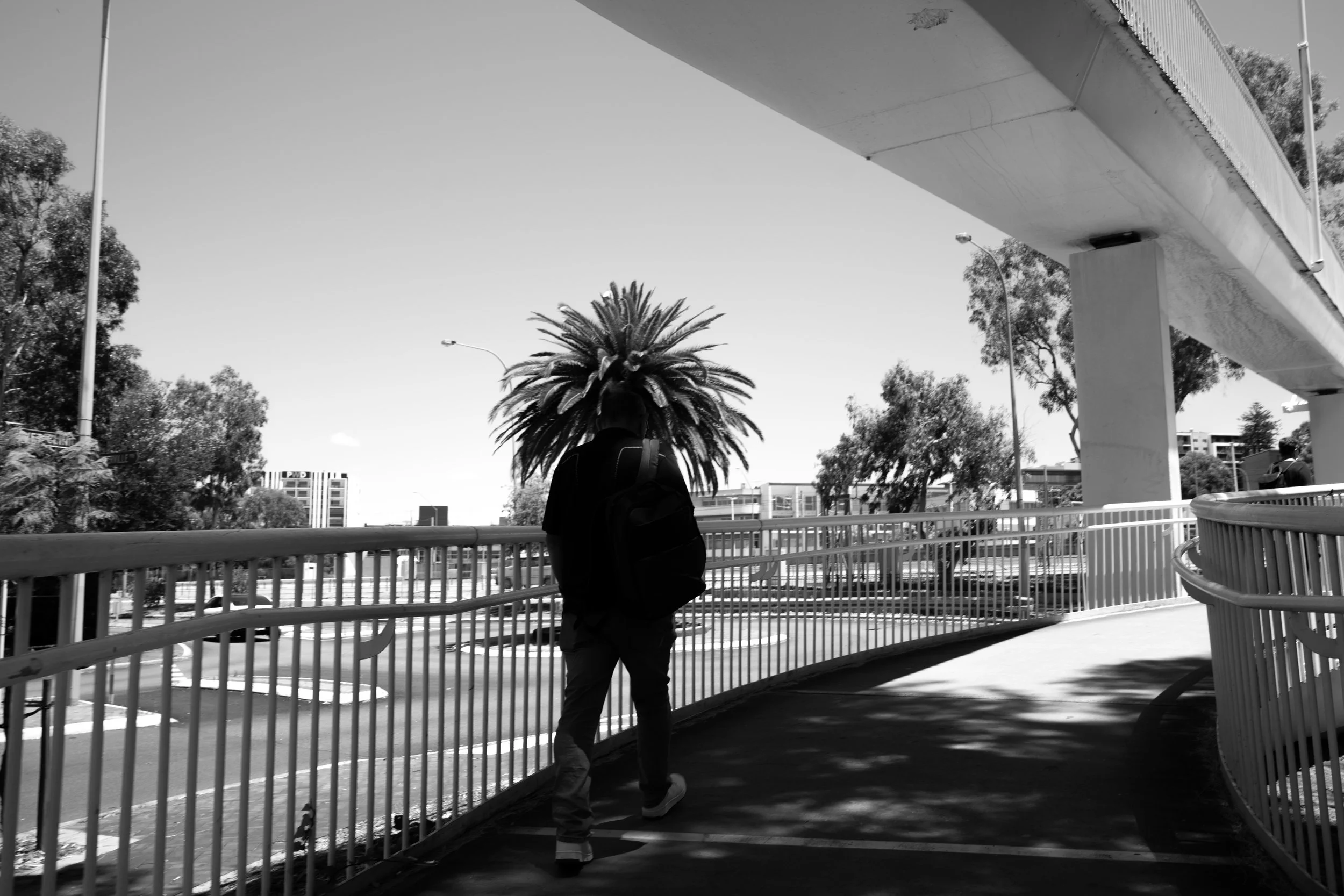 A person walking on a curved pedestrian bridge under an overpass, with trees and city buildings in the background.