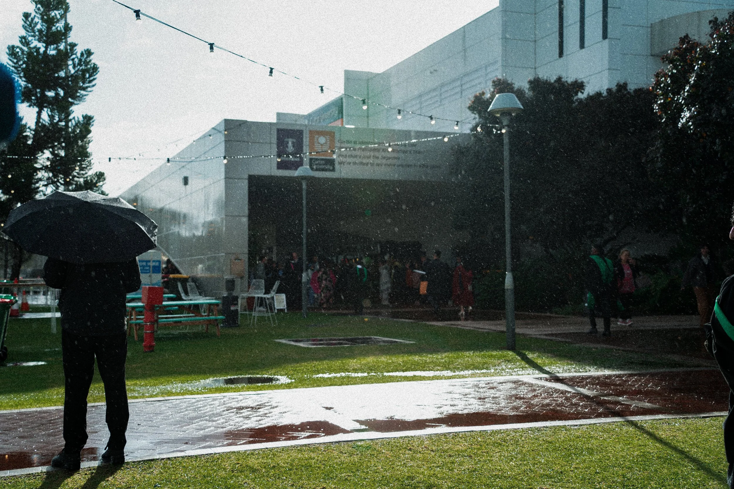 People with umbrellas outside a building on a rainy day.