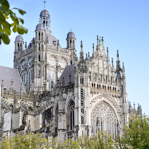 A large Gothic-style cathedral with intricate stone carvings, tall spires, and stained glass windows under a clear blue sky.