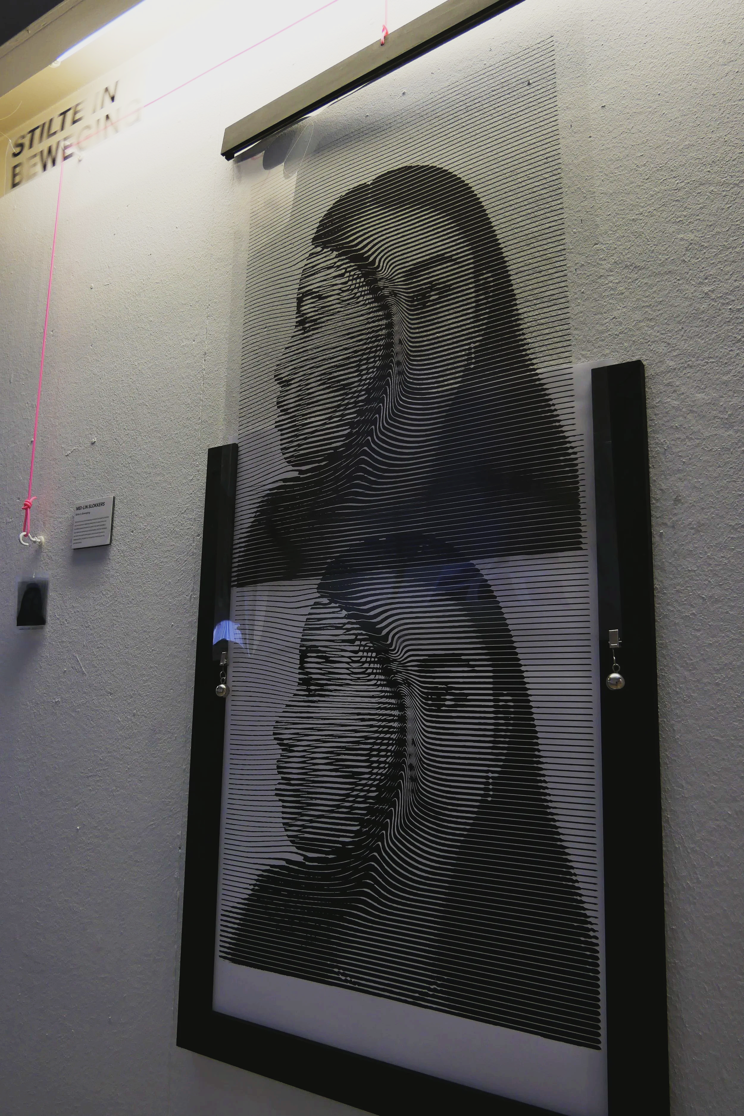 Moiré effect artwork of selfportrait, dubble perspective, on a wall.
Zelfportret met Moiré effect met dubbel perspectief opgehangen aan de muur | Project Mei-Lin Slokkers | A multidisciplinair designer
