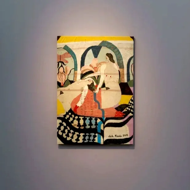 Abstract painting by Lauren de la Roche featuring stylized figures and shapes, with bold colors and patterns, signed 'de la Roche 2024' on the lower right corner.