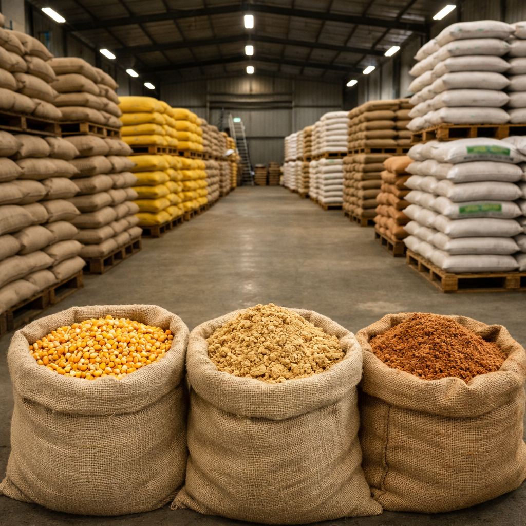 Three large burlap sacks filled with yellow corn, beige crushed grains, and reddish ground spices in a warehouse with stacked bags of seeds or grains on pallets along the walls.