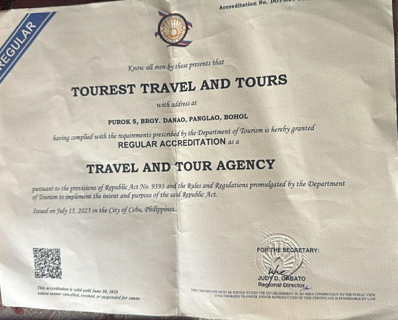 Tourest DOT Certificate