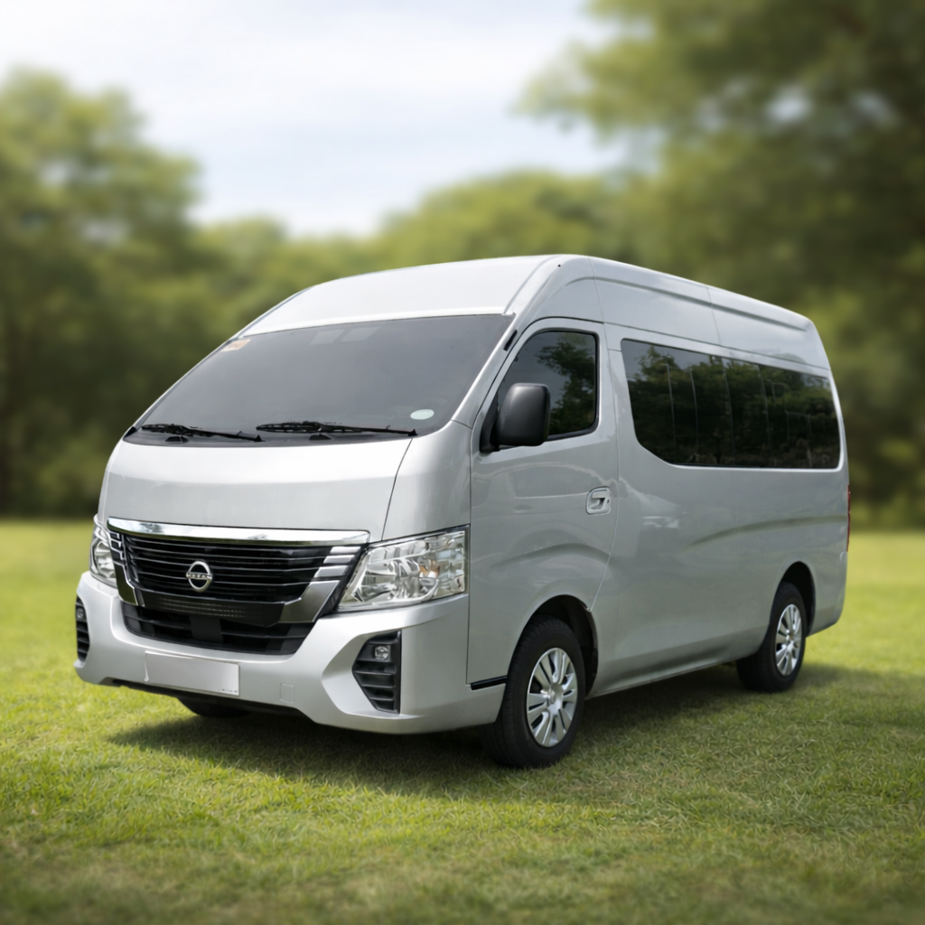 Silver passenger van parked on grass with green trees in the background.