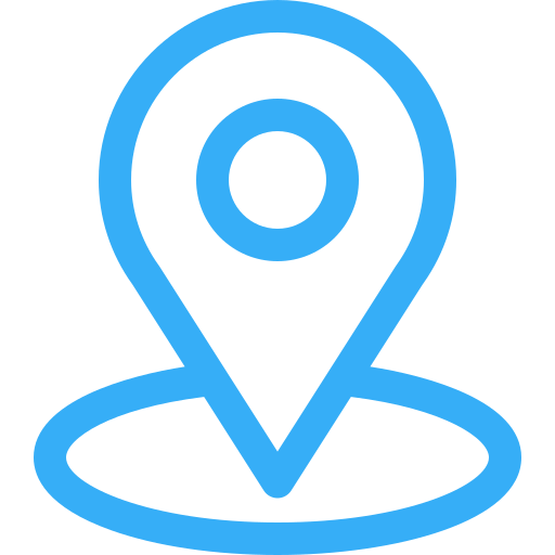Blue location pin icon on a black background.