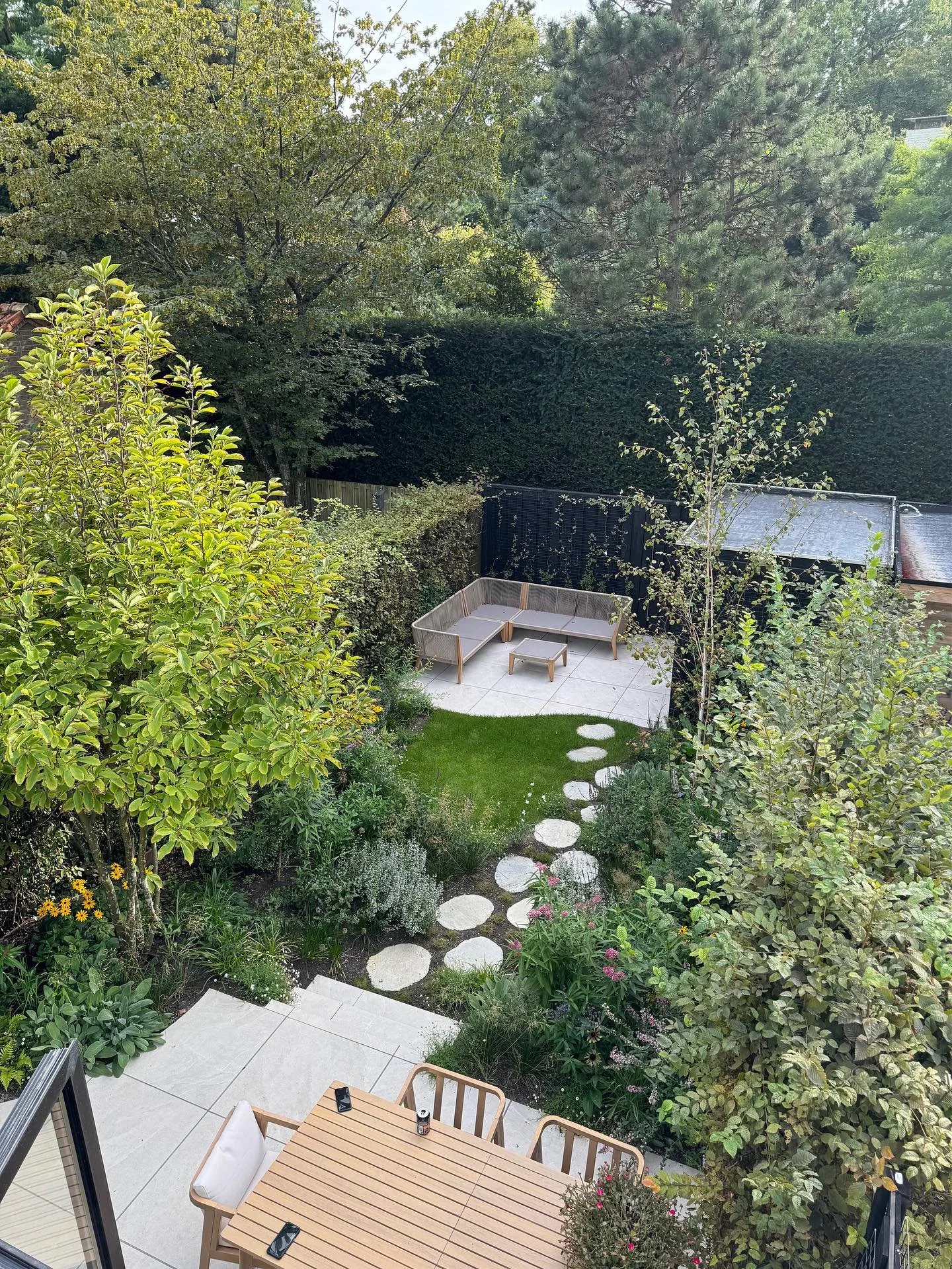 ✨Deluxe City Garden✨ This project is in Rotterdam; a beautiful example of lush and modern. A garden with stylish, airy plants and luxurious organic terraces. This garden is 11x5 meters, situated in sunny clay soil. I planted the plants in June 2025, 