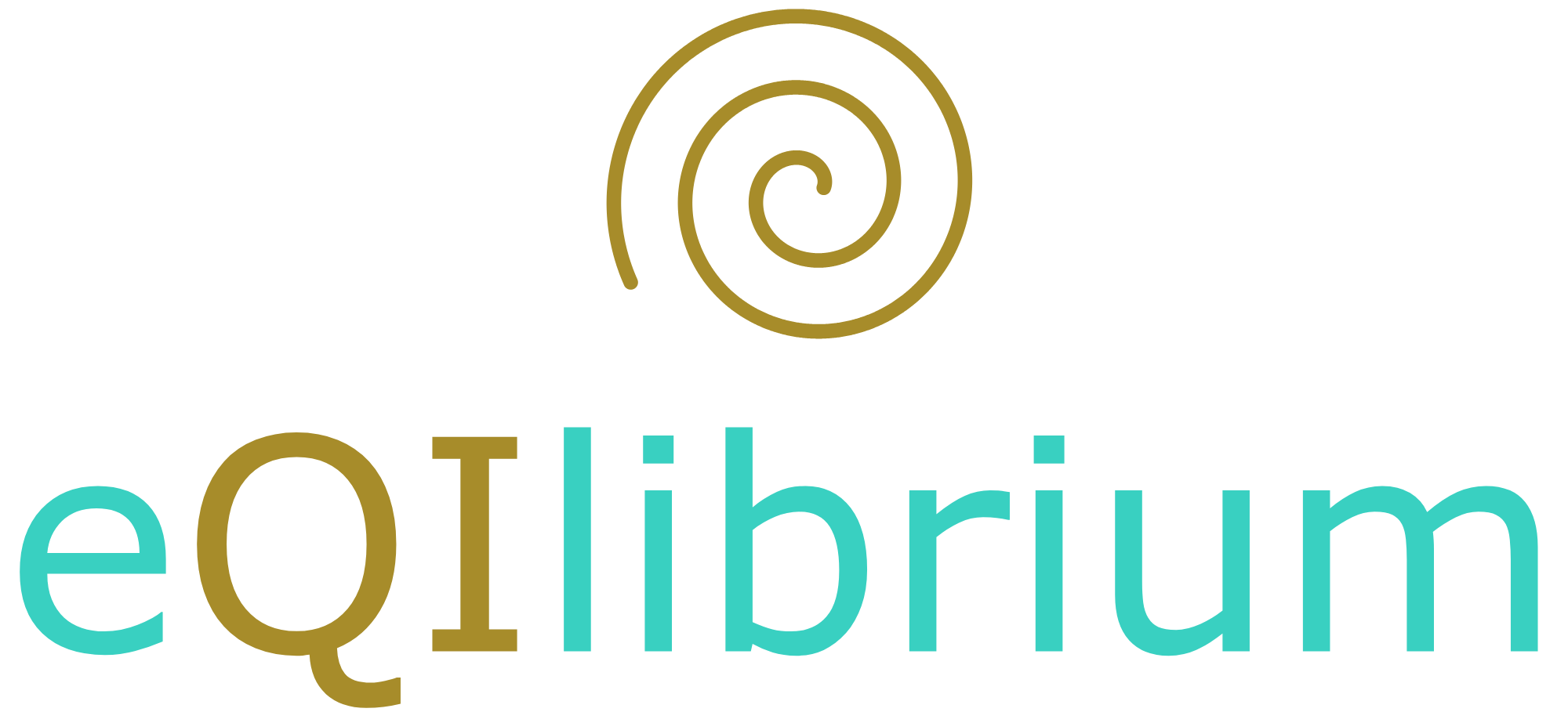 Logo met een spiralvormige afbeelding boven de tekst 'eQilibrium', waarbij 'eQ' in lichtblauw en 'ilibrium' in bruin is.