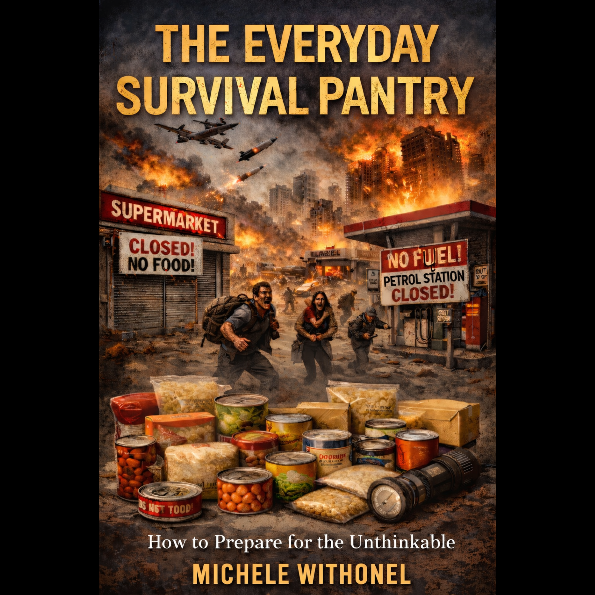Cover of a book titled 'The Everyday Survival Pantry: How to Prepare for the Unthinkable' by Michele Withonel. The cover depicts a post-apocalyptic scene with a city in ruins, explosions, and military planes overhead. In the foreground, there are people running and signs on closed stores that read 'Supermarket Closed! No Food!' and 'No Fuel! Petrol Station Closed!' There are also cans of food and supplies at the bottom of the cover.
