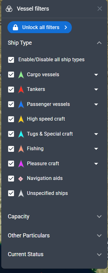 Screenshot of a vessel filters menu with options for ship types, including cargo vessels, tankers, passenger vessels, high speed craft, tugs and special craft, fishing, pleasure craft, navigation aids, and unspecified ships, all with checkmarks indicating they are enabled.