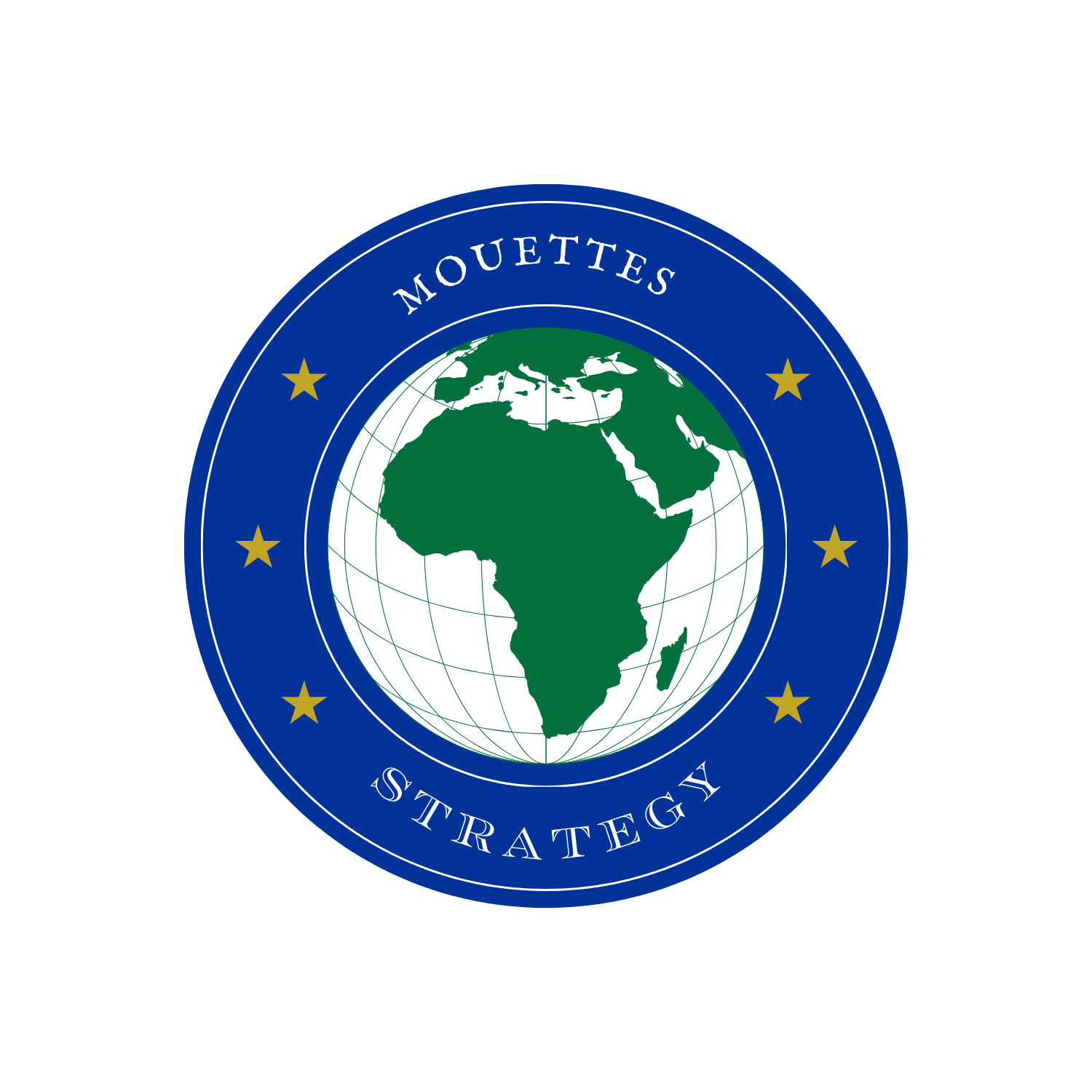 A circular emblem with a globe showing Africa, Europe, and parts of Asia in the center, surrounded by a blue border with the words 'MOUETTES STRATEGY' and six gold stars.