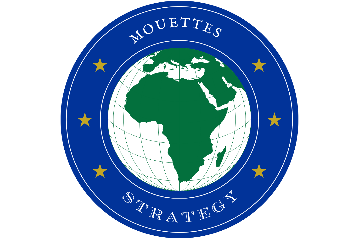 Logo with a world map centered on Africa, surrounded by a blue ring with the words Make MOUETTES Strategy and six gold stars.