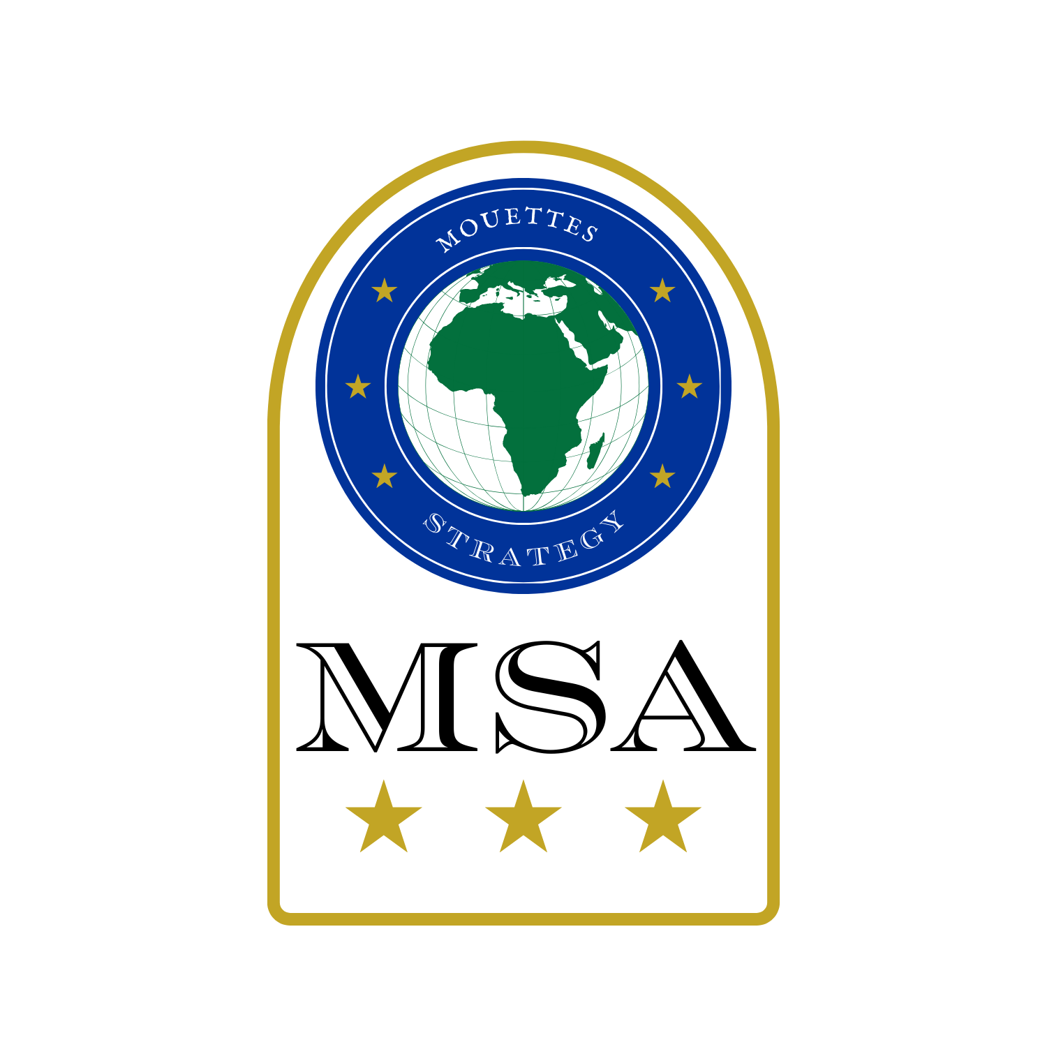 Logo with a globe showing Africa and parts of Europe and Asia, surrounded by a blue circle and four gold stars, with the words 'Mouettes Strategy' around it. Below, the acronym 'MSA' is written in large black letters, with three gold stars underneath, all on a white background with a gold border.