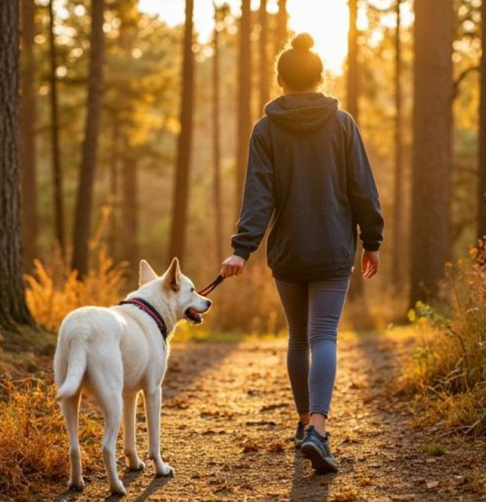 Eine Frau mit einem Hund beim Spaziergang im Wald bei Sonnenuntergang.
