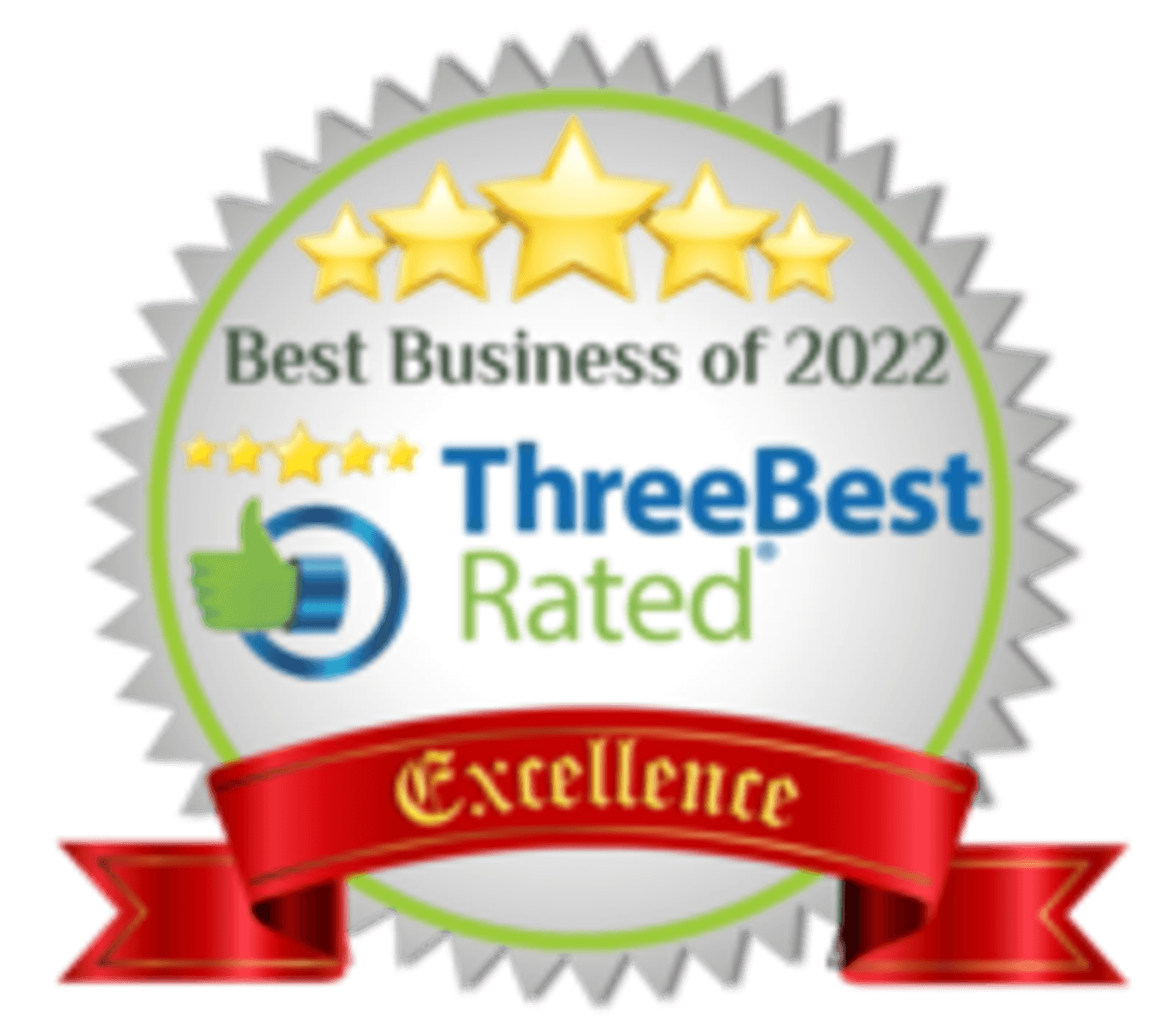 Badge awarded for Best Business of 2022 by ThreeBestRated, featuring a five-star rating, a thumbs-up icon, and a red ribbon with 'Excellence' written on it.