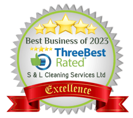 Award badge for Best Business of 2023 from Three Best Rated, awarded to S & L Cleaning Services Ltd, with five stars and an Excellence banner.