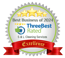 A badge with five gold stars, labeled 'Best Business of 2024' from Three Best Rated for S & L Cleaning Services, featuring an 'Excellence' red ribbon at the bottom.