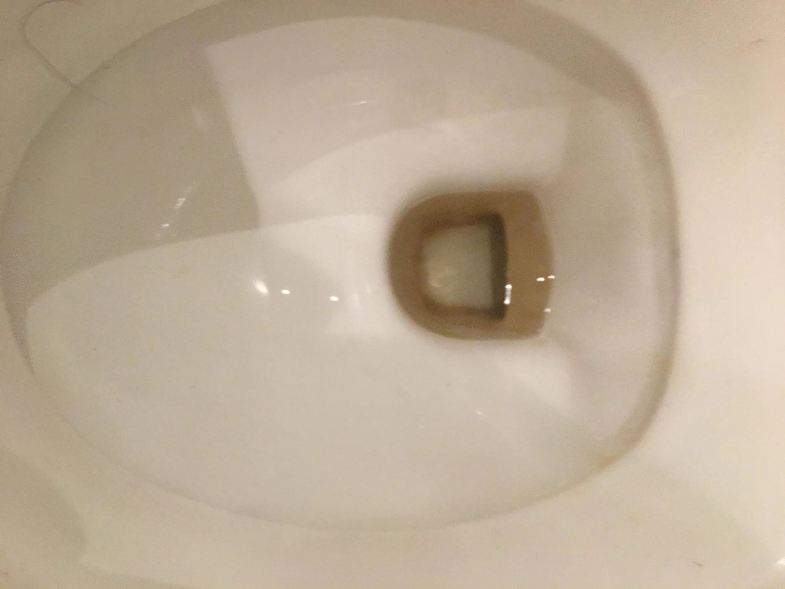 Top-down view of a modern white toilet bowl with an open lid, showing the inner bowl and drain.