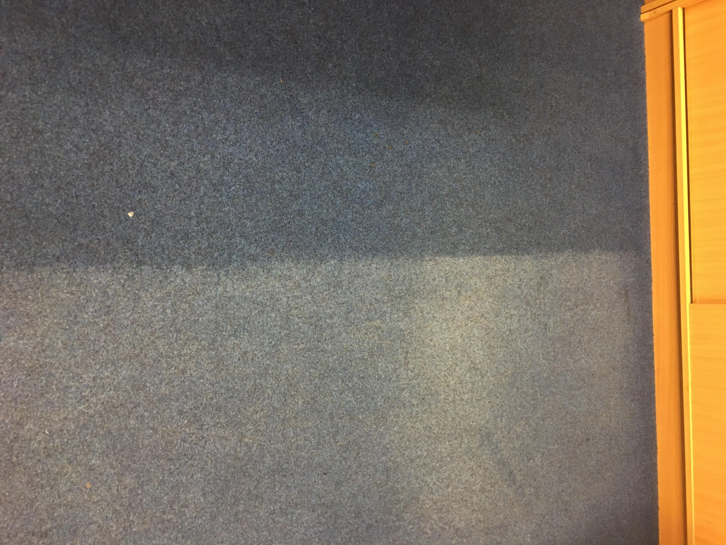 View of blue-gray carpeted floor with a small white object, and part of a yellow or orange wooden piece on the right side.