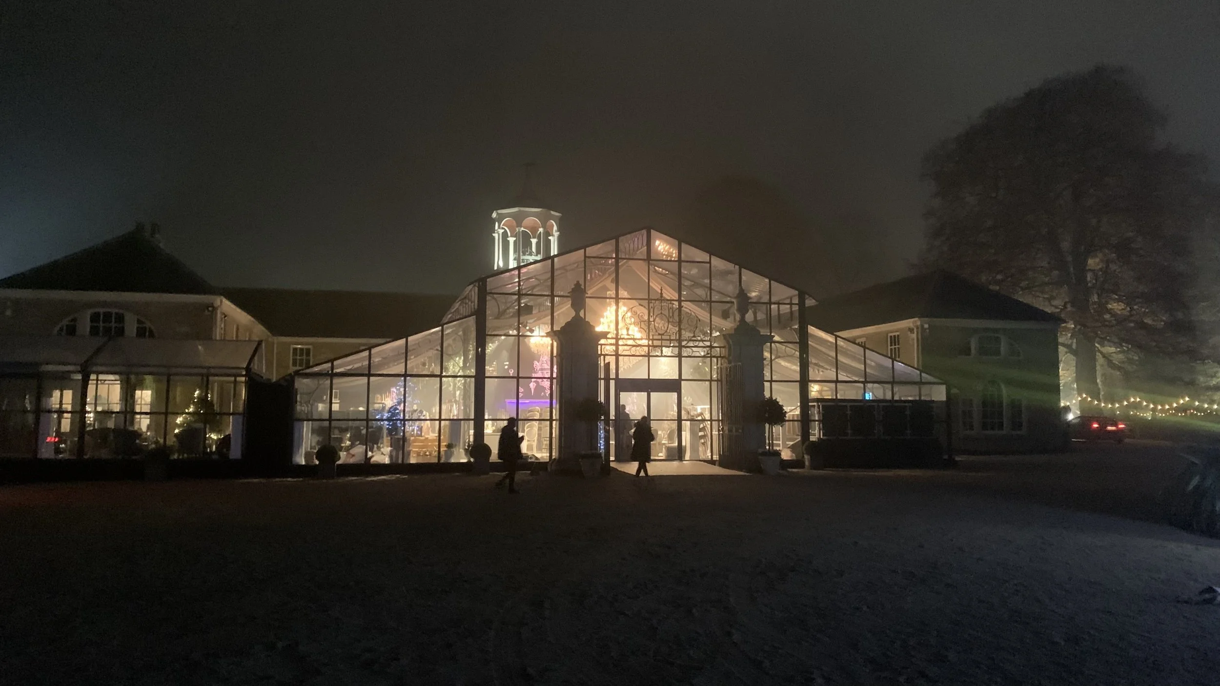 Night view of a greenhouse with Christmas lights and decorations inside, with silhouettes of people walking outside, and a large tree and a building in the background.