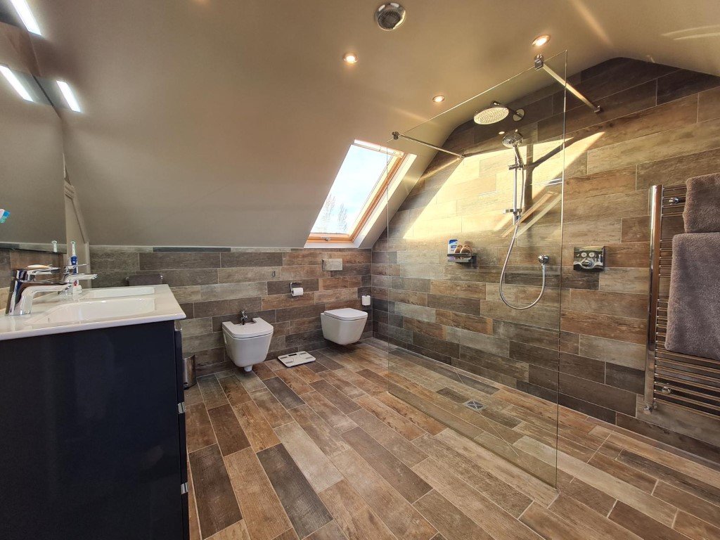 Modern bathroom with skylight, walk-in shower, bidet, toilet, sink, and towel rack.