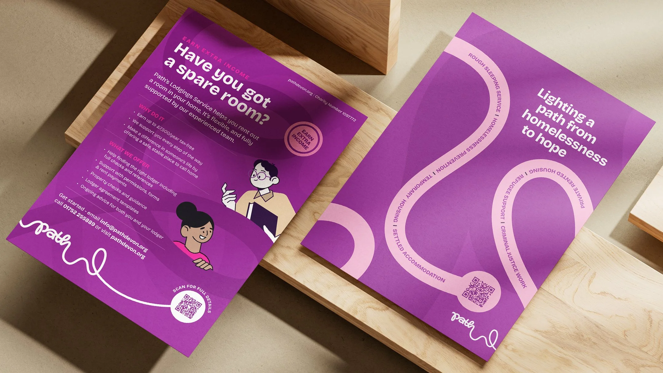 Flyer with purple background promoting Pathways Lodgings Service, offering spare room accommodations for extra income. The flyer features text, illustrations, a QR code, contact information, and a circular list of services including free support, criminal justice work, and settled accommodation.