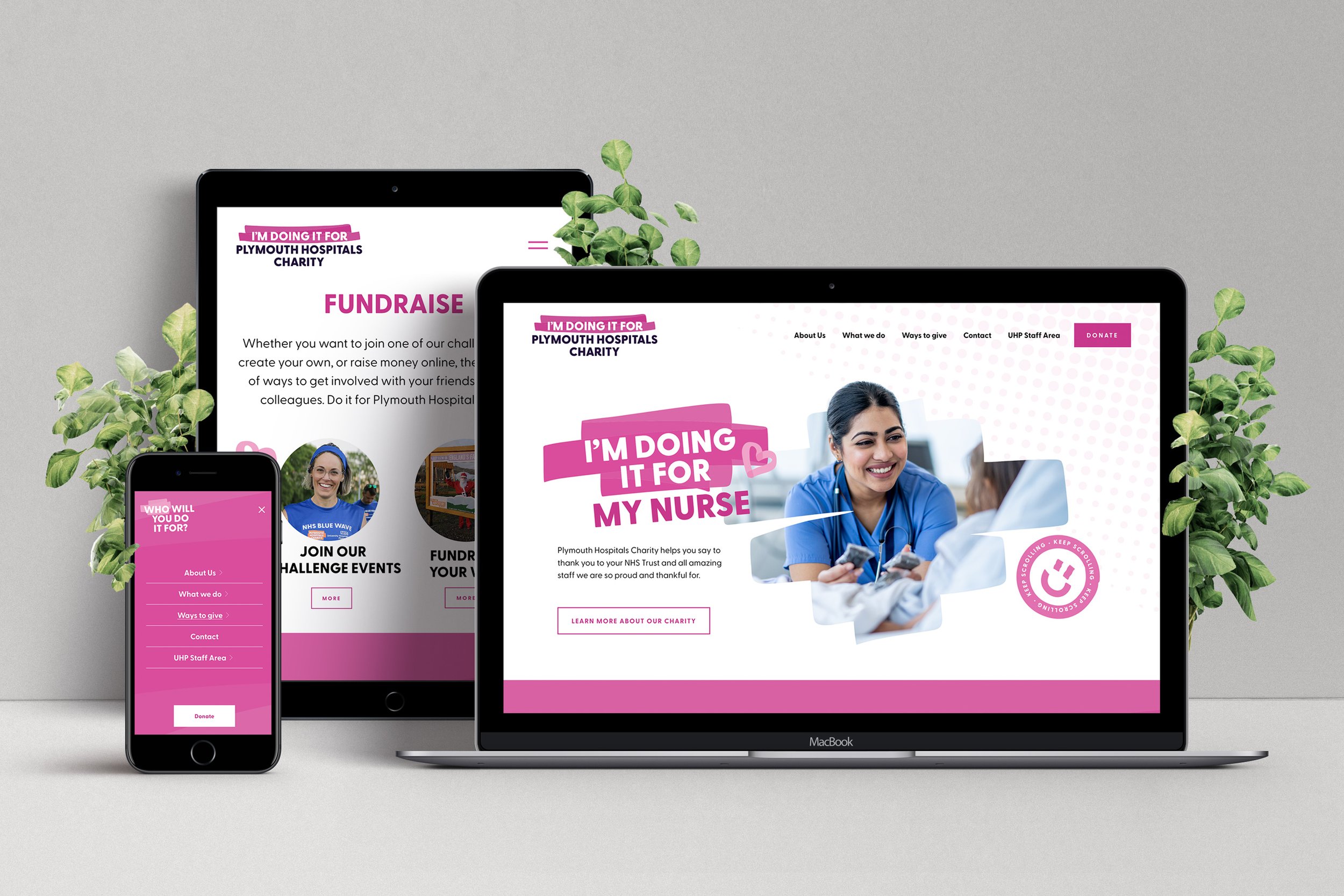 Website displayed on a MacBook, tablet, and smartphone showing a charity campaign supporting nurses, with pink and white colors, cheerful nurses, and donation options.