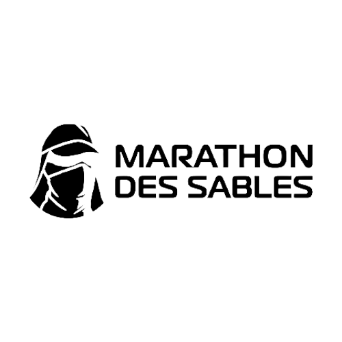 Logo for Marathon des Sables featuring a stylized figure with a hat and scarf, with the text "Marathon des Sables".