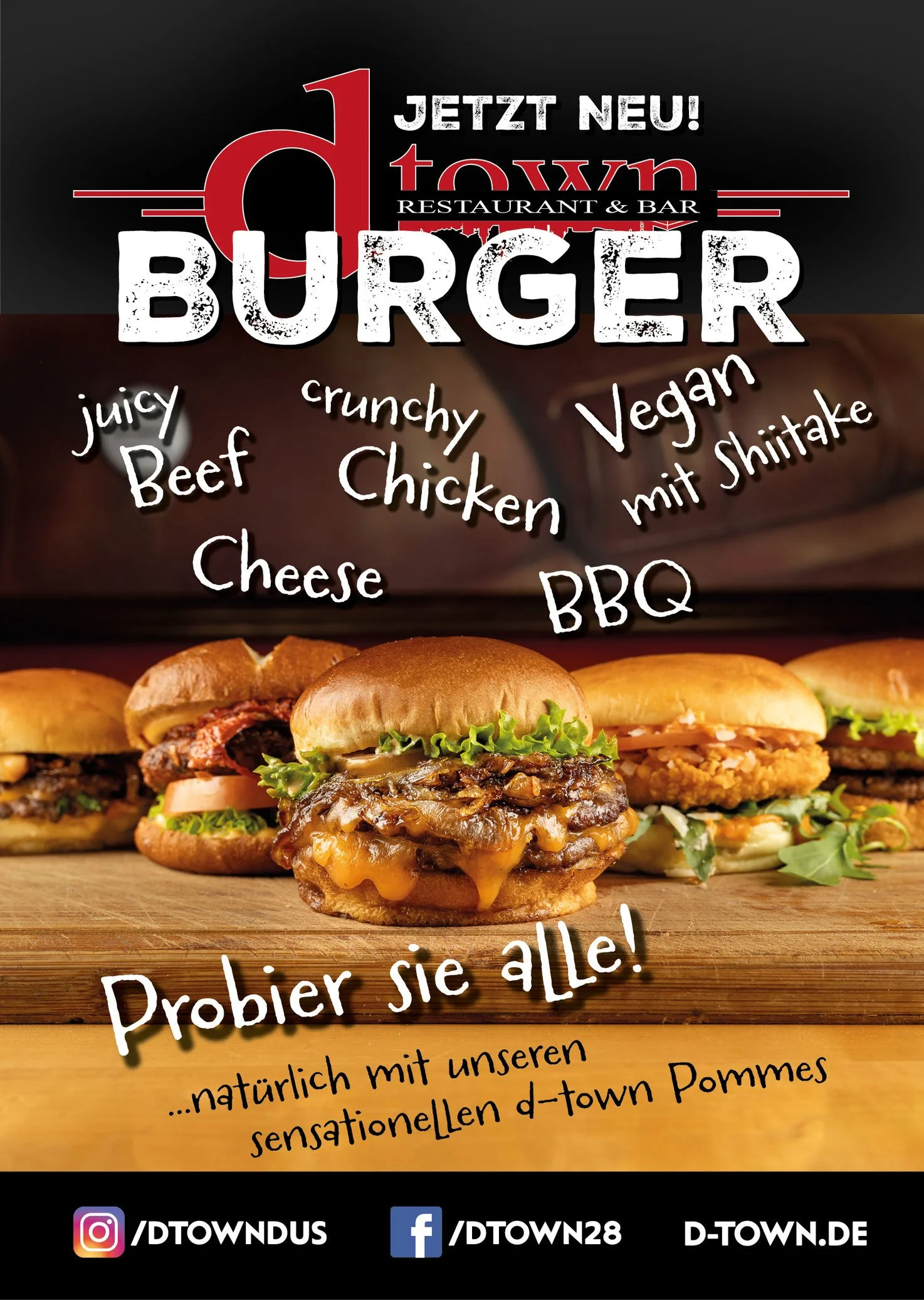 Die hausgemachten Burger im Restaurant d-town in der Düsseldorfer Altstadt. Saftiges Rindfleisch, knuspriges Hähnchen und sogar ein veganer Umami Burger ist mit dabei.