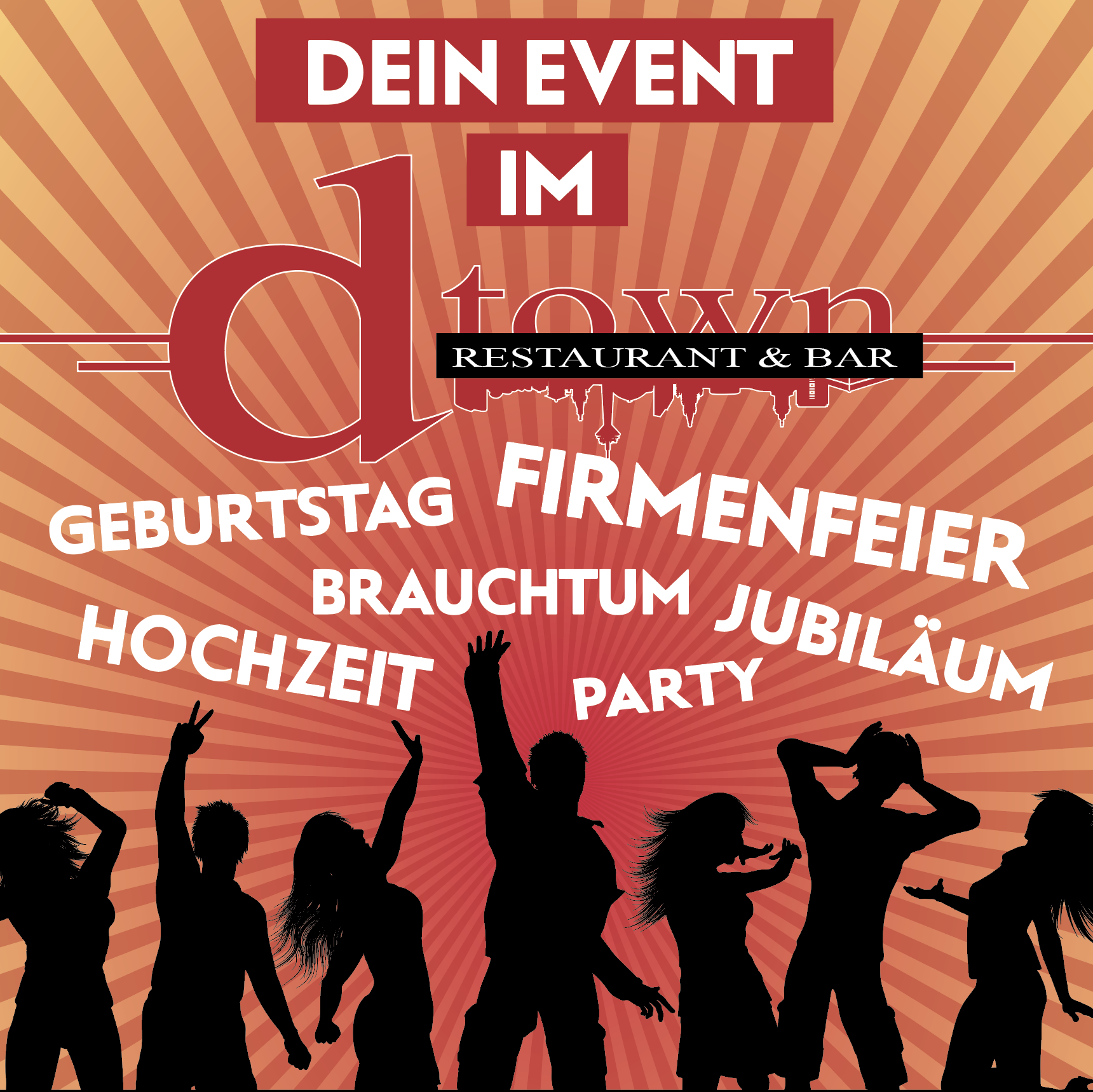Im Restaurant und Bar d-town in der Düsseldorfer Altstadt kannst Du auch größere Events und Veranstaltungen mit Catering buchen.