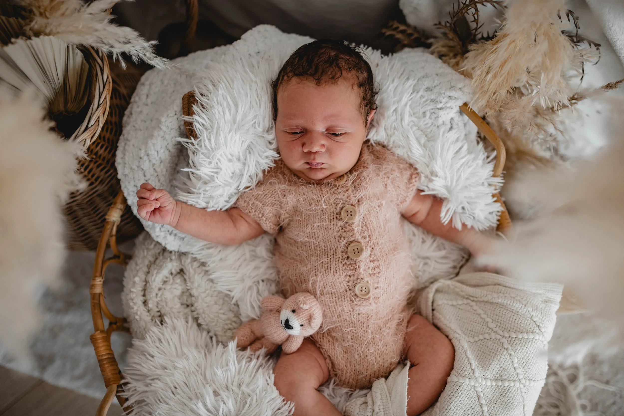 Ein neugeborenes Baby liegt in einem Korb, eingekuschelt in weiche, cremefarbene Decken. Das Baby trägt einen rosa Strickbody mit Knöpfen und hält eine kleine, gehäkelte Löwenfigur in der Hand.
