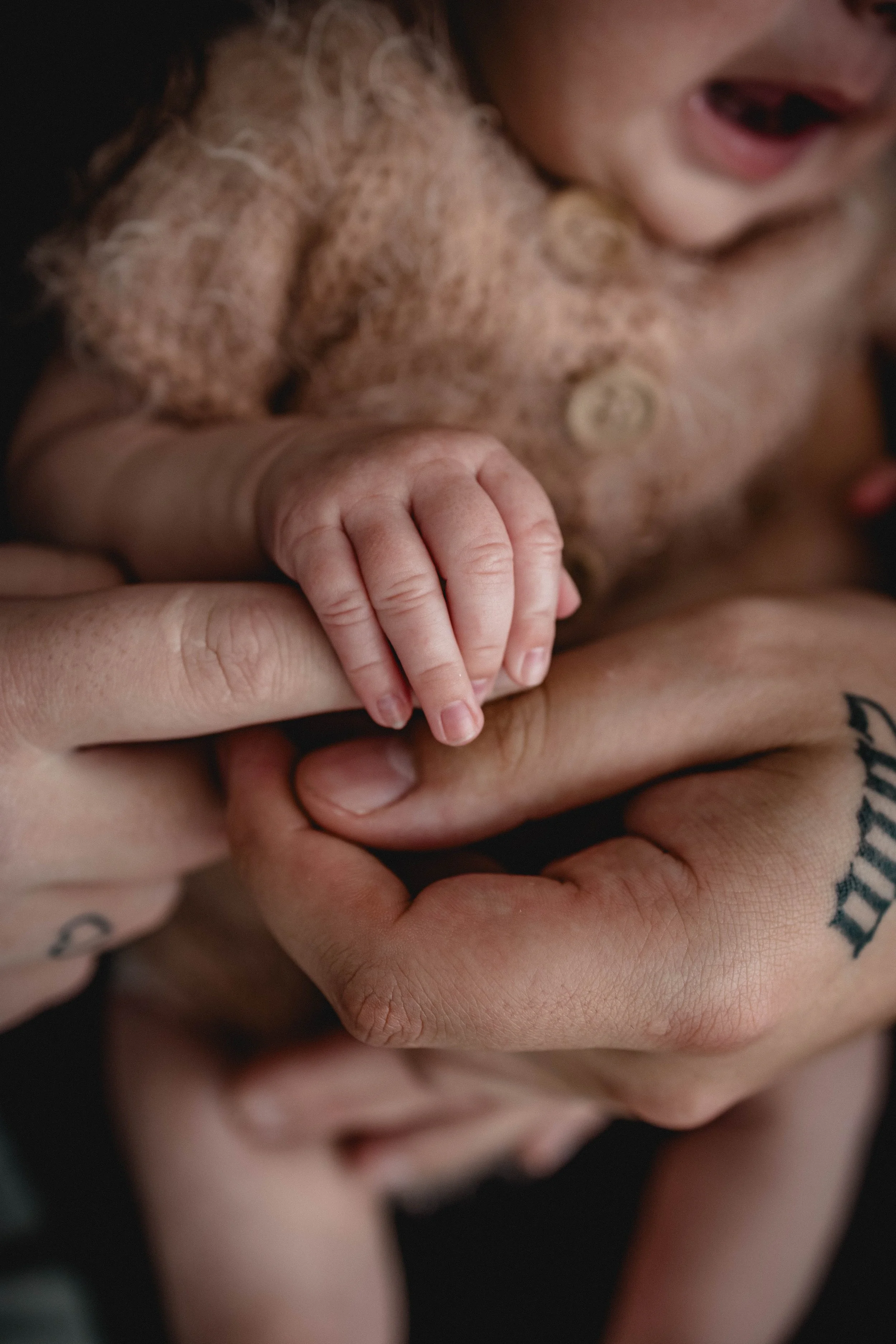 Nahaufnahme eines Neugeborenen, das an der Brust einer erwachsenen Person ist, wobei die kleine Hand das Finger der Erwachsenen hält.