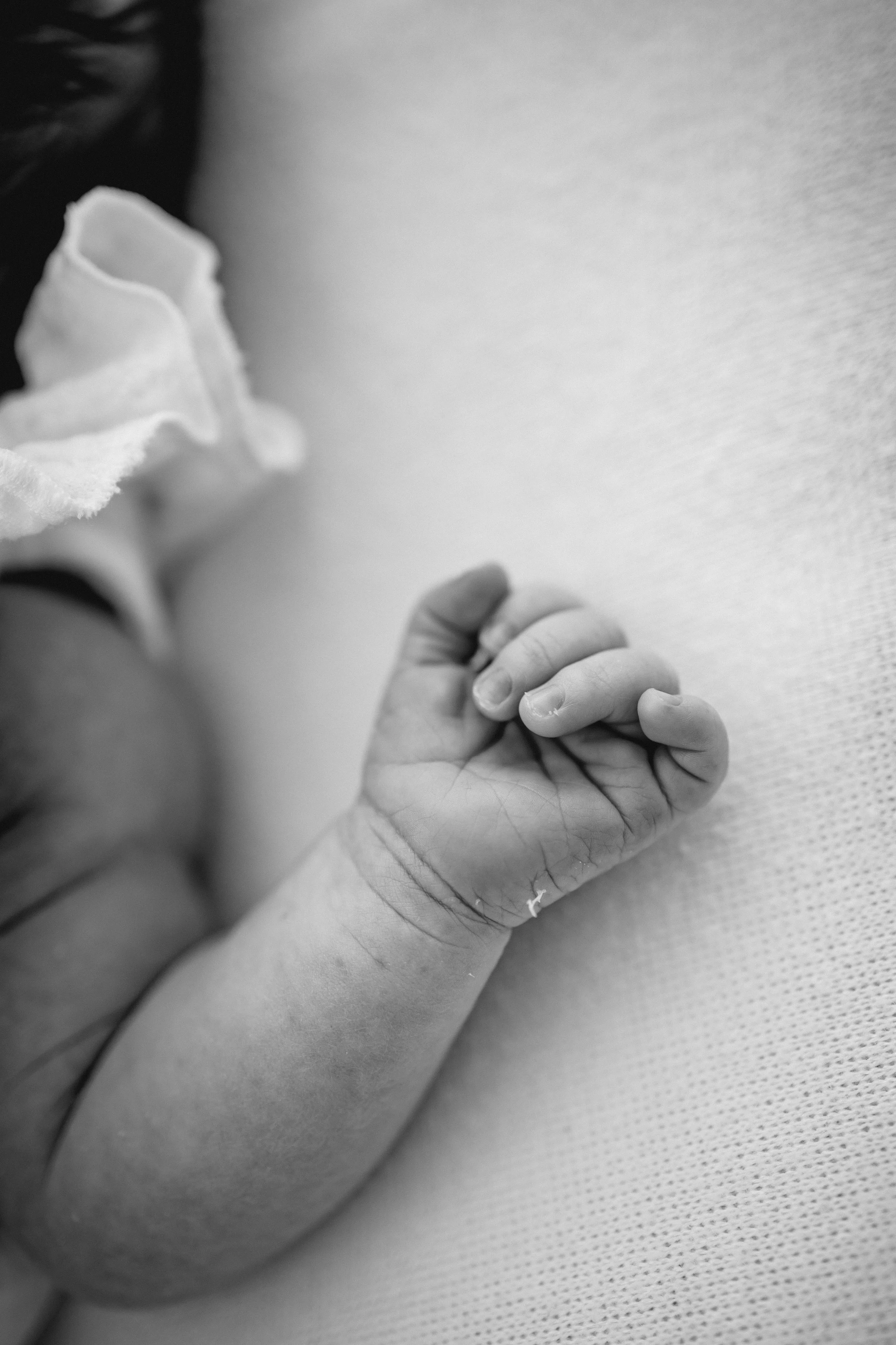 Schwarze und weiße Nahaufnahme eines Babyhändchens, das eine Winzigkeit in der Hand eines Erwachsenen hält.