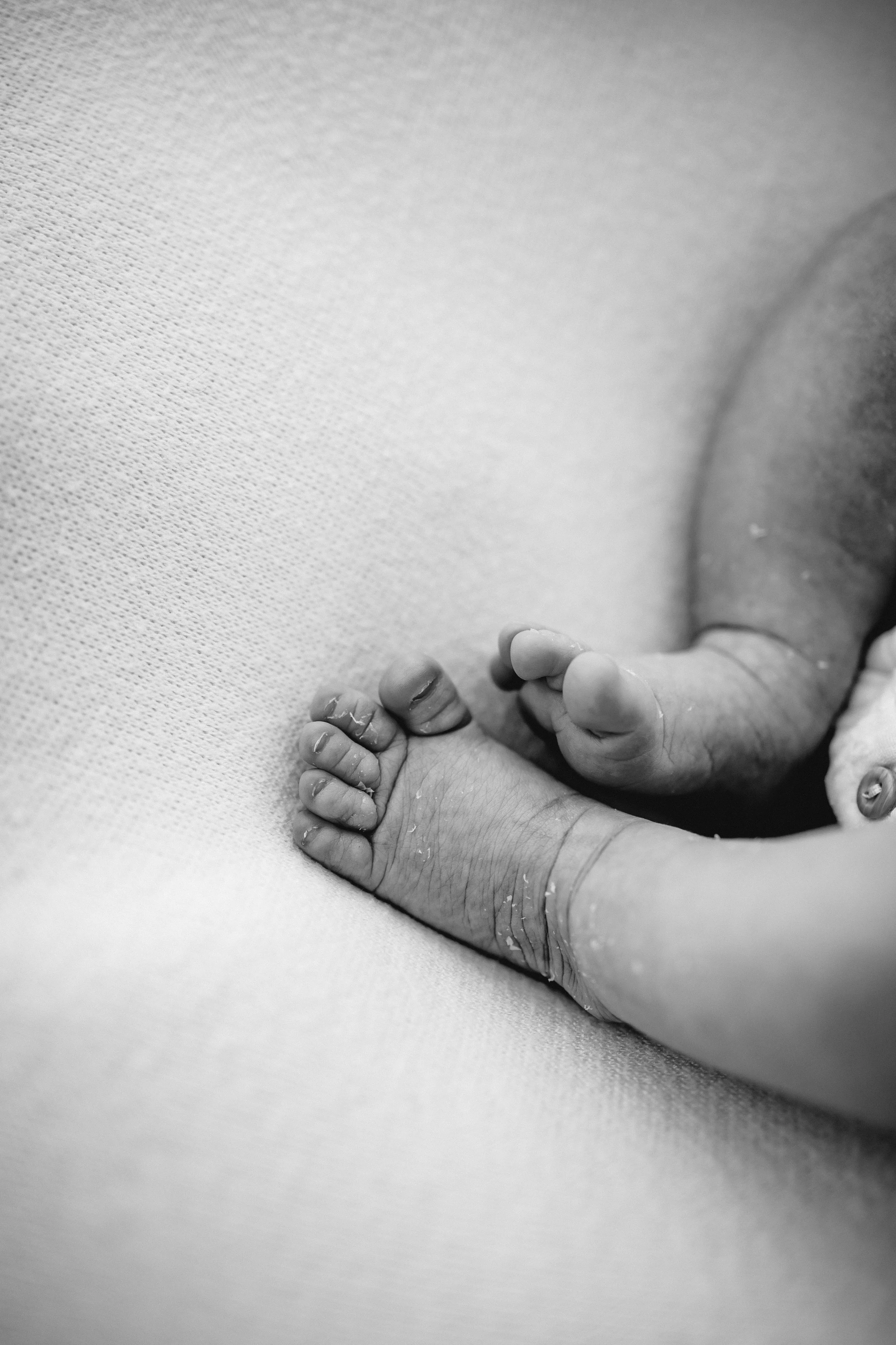 Schwarz-weiß-Foto eines neugeborenen Babys, das auf einem weichen, gestrickten Stoff liegt, die Fäuste sind leicht zum Greifen geschlossen, die Haut ist zart und zerknittert.