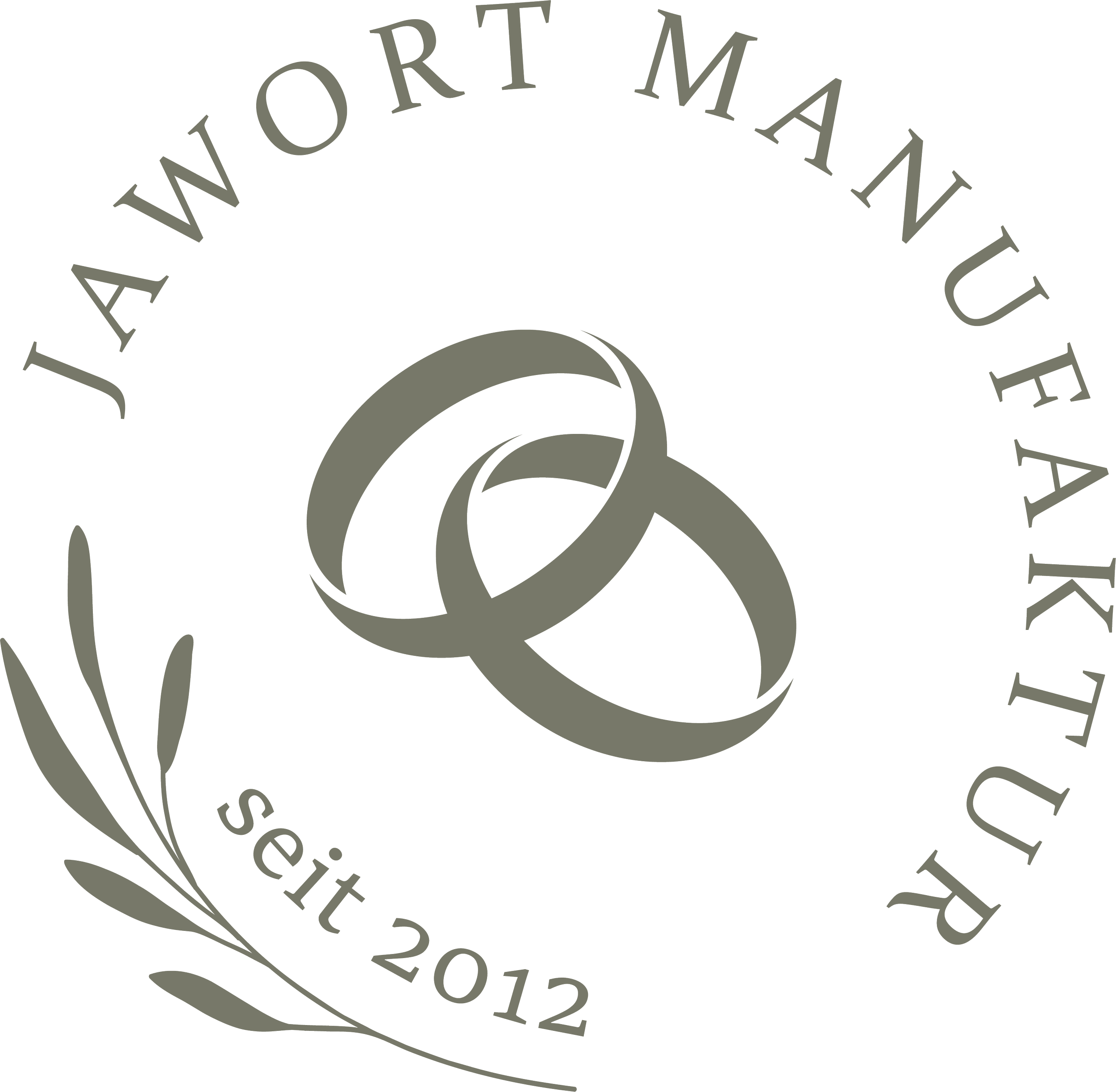Logo mit zwei sich überschneidenden Eheringen, umgeben von einem Kreis aus Text und einer Zweig- oder Blättergrafik, mit deutschem Text »JAWORT MANU EFAIKETU Set 2012«.
