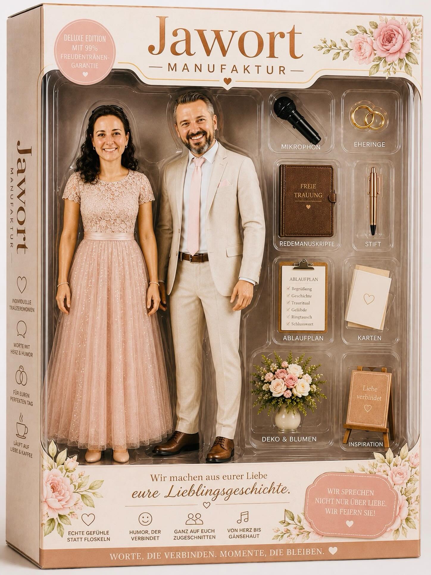 JAWORT MANUFAKTUR - Trauredner Deluxe Edition 💍🎤

Produktbeschreibung:
Zwei professionelle Trauredner f&uuml;r eure freie Trauungen mit Herz, Stil und f&uuml;r unvergessliche Momente 🤍

Enthaltenes Zubeh&ouml;r:
✔ Mikrofon der gro&szlig;en Gef&uum