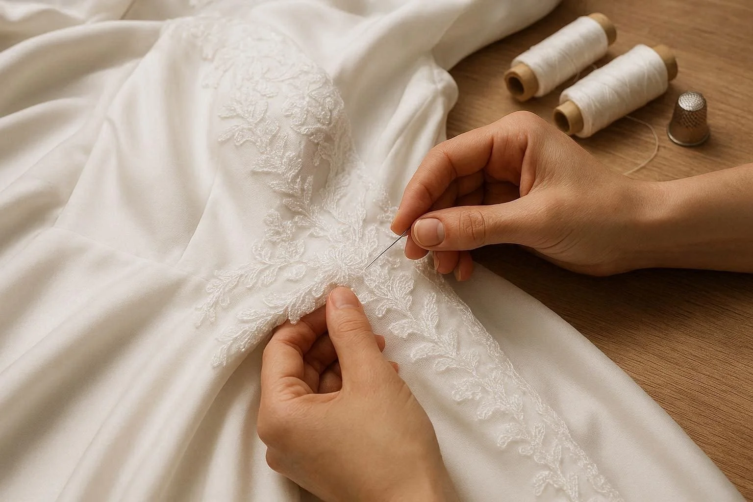 Eine Person stickt an einem weißen Brautkleid mit einer Nadel.