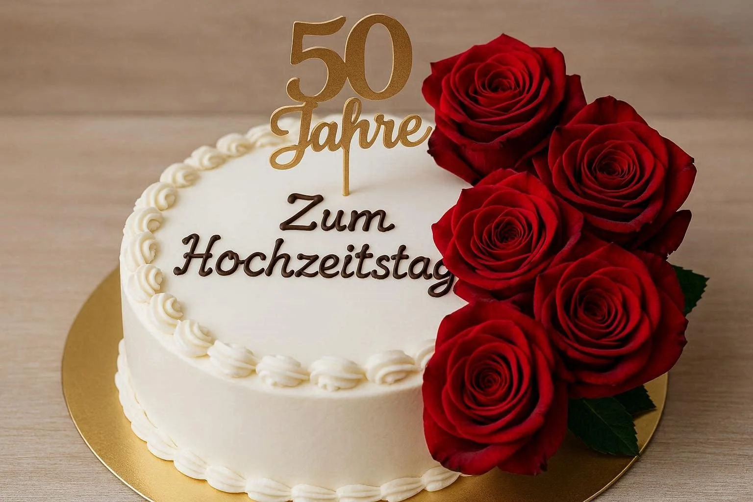 Ein runder Hochzeitstagkuchen mit weißen Fondantüberzug, roten Rosen auf der Seite und einem goldenen Kuchenaufleger mit der Aufschrift "50 Jahre zum Hochzeitstag".