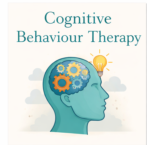 Illustration of a person's head with gears inside representing cognitive processes and a lightbulb above the head symbolizing ideas or insight. The text reads "Cognitive Behaviour Therapy".