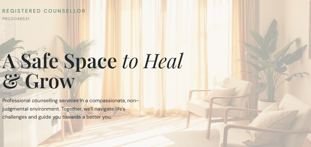 Bright and welcoming counseling office with large windows, sheer curtains, potted plants, and comfortable chairs.