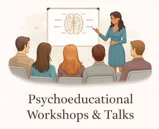 A woman in a blue dress giving a presentation about the brain to an audience in a classroom setting, with a sign reading 'Psychoeducational Workshops & Talks'