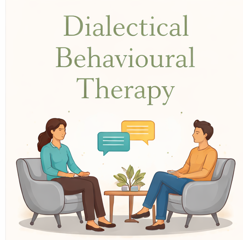 Illustration of two people engaged in a therapy session, sitting in chairs facing each other with a small table and plant between them, representing Dialectical Behavioral Therapy.